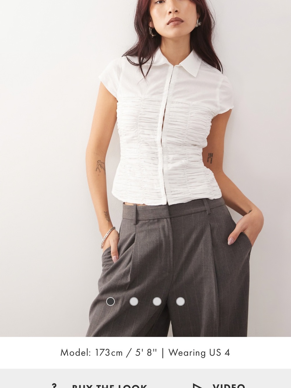 ASOS White Ruched Short-Sleeve Button-Down Shirt
